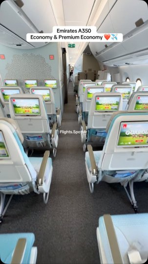 Instagram post by @flights.spotter: Emirates A350 Economy and Premium Economy class cabin