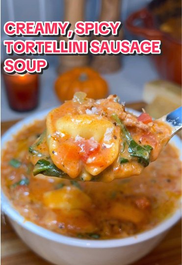 TikTok post by @heresyourbite: Creamy, Spicy Tortellini and Sausage Soup ❤️🔥 This one’s comfort in a bowl. Think creamy…