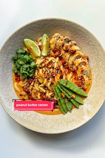 TikTok post by @myriadrecipes: SPICY PEANUT BUTTER RAMEN 🍜 These are my Spicy Peanut Butter Noodles topped with chicken,…
