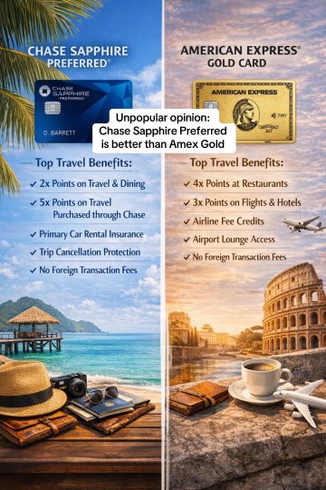 TikTok post by @brea_travels1: This post uses a side-by-side infographic to argue that the Chase Sapphire Preferred card…