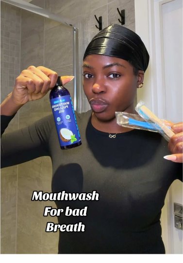 TikTok post by @faith_succexx: The creator promotes Dr. Dent whitening pulling oil as a solution for bad breath,…
