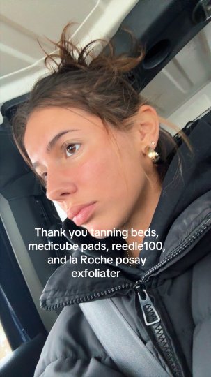 TikTok post by @whoismirasimic: The author showcases her skincare routine, explicitly crediting tanning beds, Medicube…