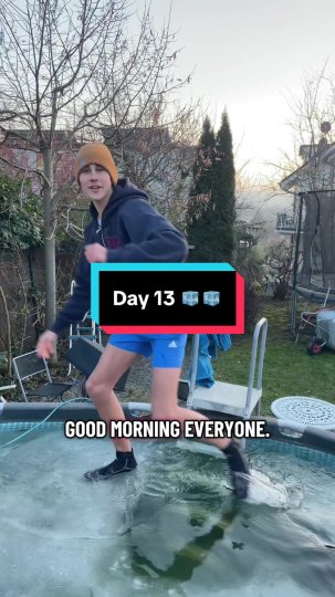 TikTok post by @winzy_21: The creator records his 13th consecutive day of taking an ice bath. During the video, he…