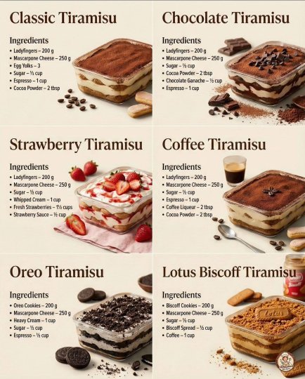 TikTok post by @trays.kitchen: 6 Easy Tiramisu Recipes Creamy, soft, and full of flavor. Choose your favorite version…