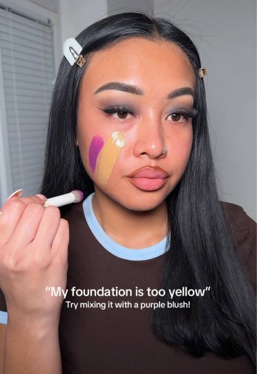 TikTok post by @samanthaevira: foundation too yellow? mix it with a purple blush to get the perfect shade! 💛💜 ib: @Rose…