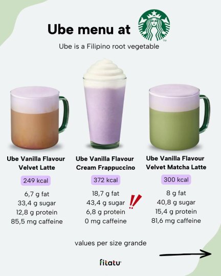TikTok post by @fitatuglobal: Have you tried any of these drinks? 💜 Ube Vanilla Flavour Velvet Latte - 249 kcal Ube…