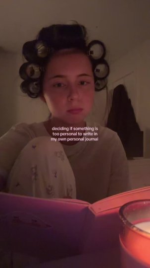 TikTok post by @aliceehud: A young woman wearing hair rollers writes a dramatic, reflective letter to someone named…