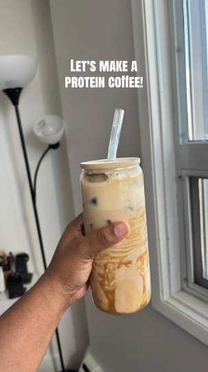 TikTok post by @heymeds_: This post provides a quick, visual guide to making a protein-infused iced caramel coffee.…