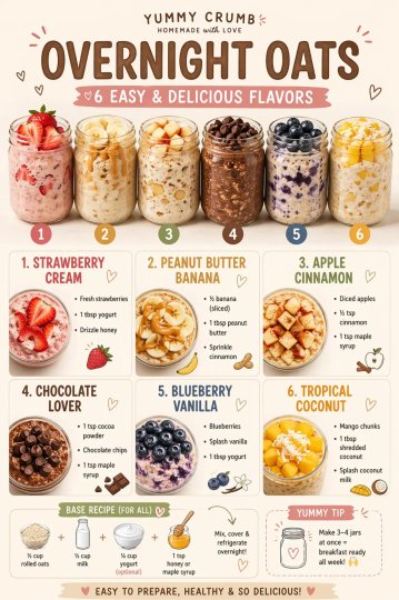 TikTok post by @yummy_crumb: Breakfast just got WAY easier 🙌 These overnight oats are creamy, customizable, and…