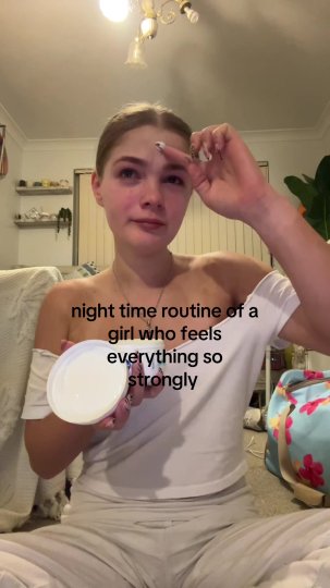 TikTok post by @user016917021: A young woman performs her nighttime skin care routine while crying and reflecting on her…