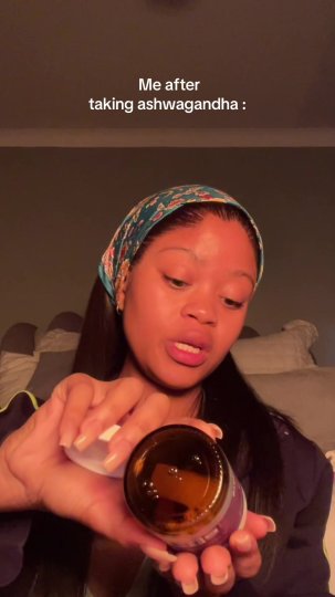 TikTok post by @ifoundsethuu._: A video featuring a young woman who jokingly suggests that taking ashwagandha supplements…