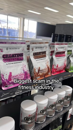 TikTok post by @julian.fiumani: The post highlights creatine gummies by The Gummy Co. on a retail store shelf, labeling…