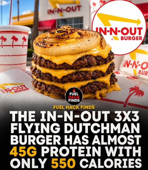 TikTok post by @fuelhackfinds: Looking for a high-protein fast food option? The In-N-Out 3x3 Flying Dutchman packs…
