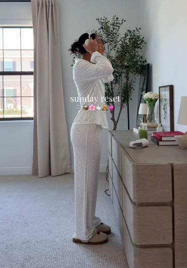TikTok post by @savannahpesante: sunday motivation 🎧🥥🫧🧸🍦 love a good house reset in my pjs @White Fox Boutique dc:…