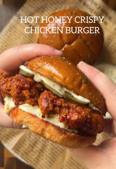 TikTok post by @_nada_dl: Hot honey crispy chicken burger Ingredients: Chicken Marinade: Chicken breast 300 ml…