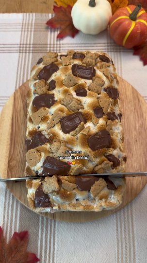 TikTok post by @audreybakes: S’mores Pumpkin Bread 🎃🍫 A perfect cross between summer & fall ✨🍂 Ingredients: ½ cup…