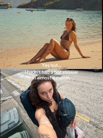 TikTok post by @sydneys_travels: The creator uses a series of images to contrast the idealized version of solo travel seen…