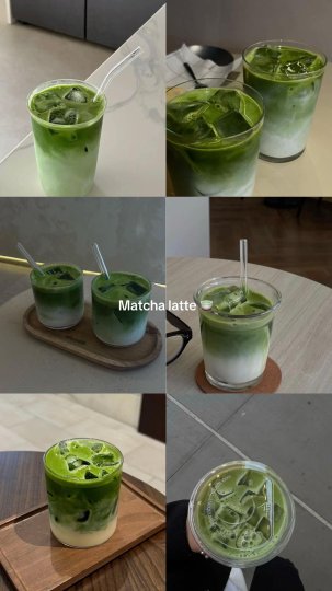 TikTok post by @aishaahmedey: A collection of images showcasing various aesthetic matcha latte combinations, featuring…