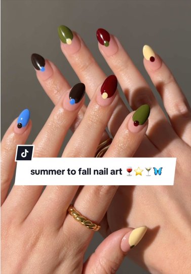 TikTok post by @lightslacquer: create an easy summer to fall mani at-home using regular nail polish! 🍷⭐️🍸🦋 inspired by…