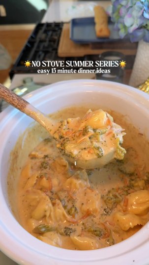 TikTok post by @itsmeghankay: Crockpot broccoli cheddar tortellini soup! Will be making all fall long! 🥦 INGREDIENTS…