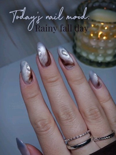 TikTok post by @ln.nailart: Rainy fall day, cozy vibes 🌧🍂☕️ Stepping out of my comfort zone with these Japanese-style…