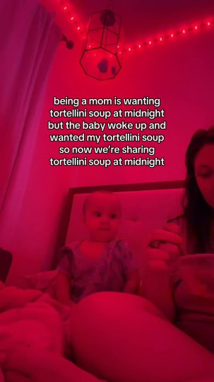 TikTok post by @caitlinnf: white noise still going, red lights on, tortellini soup 🍲