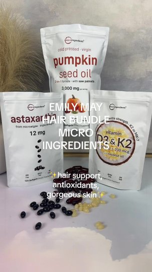 TikTok post by @cozyhomebyerika: Emily May Hair Glow Bundle #thinninghair #pumpkinseedoil #astaxanthin #d3k2 @Micro…