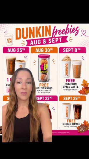 TikTok post by @jamies_daily_deals: September 8 FREE pumpkin spice latte at Dunkin with a purchase!