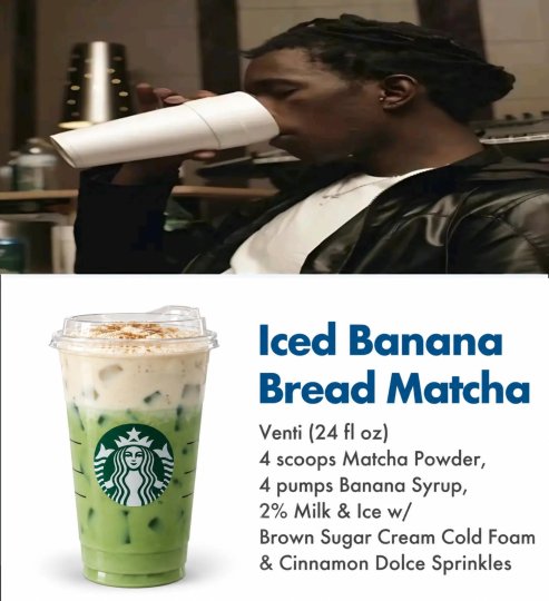 TikTok post by @zaldakwastaken: This post provides a custom Starbucks drink recipe titled 'Iced Banana Bread Matcha'. It…