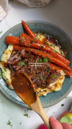 TikTok post by @brightmomentco: slow cooked apple cider pot roast with creamy roasted garlic mashed potatoes… fall really…