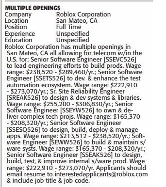 X post by @JobsNowPR: Roblox is advertising a full engineering team's jobs in this week's SF Chronicle…